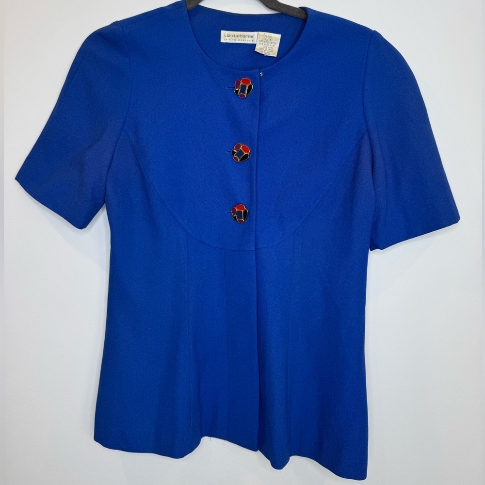 Vintage Liz Claiborne Blue Short Sleeve blazer fun buttons Women's Top 6 petite